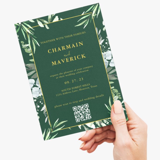 Convite Floresta Escura Verde Casamento Minimal Borda Text (Criador carregado)