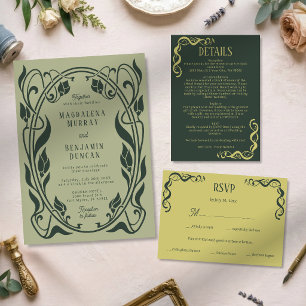 Convite Floresta Escuro Verde Salvia Art Nouveau Casamento