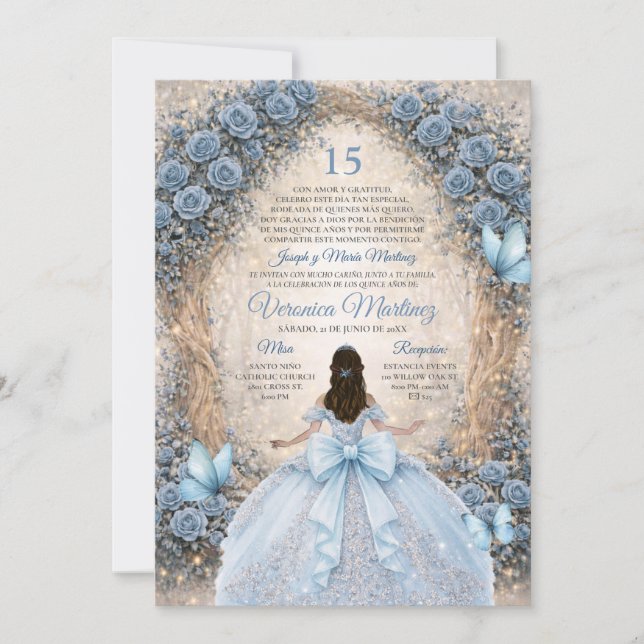 Convite Floresta Espanhola Azul Poeirento Princesa Doce 15 (Frente)