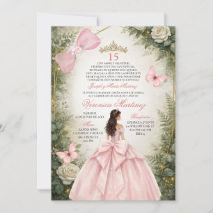 Convite Floresta Espanhola Verde Rosa Bege Floral 15 Anos
