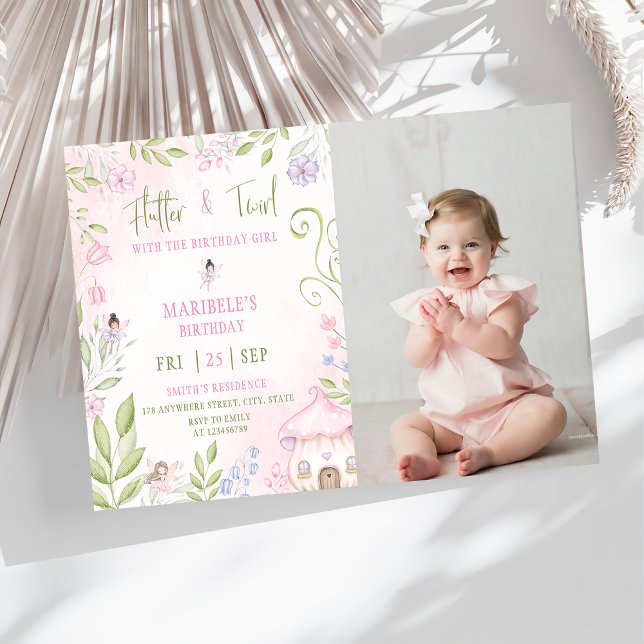 Convite Floresta Fada Flutter & Twirl Girl Foto de anivers (Criador carregado)