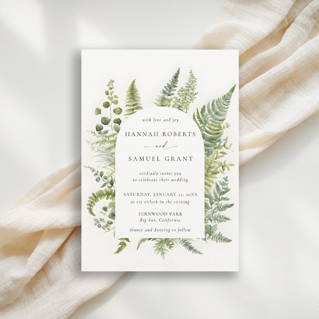 Convite Floresta Fern Mountain Woodland Arch Casamento Mod (forest wedding invitation woodland fern botanical boho arch elegant modern mountains outdoors nature)