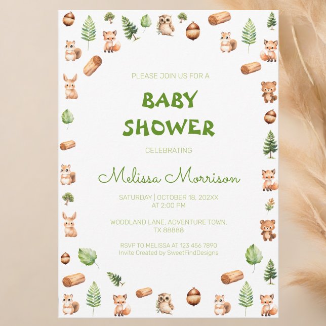 Convite Floresta Florestal Cria Chá de fraldas Russo (Woodland Forest Creatures Rustic Baby Shower Invitation)