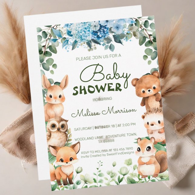 Convite Floresta Florestal Florestal Florestal Florestal C (Woodland Floral Greenery Forest Animal Baby Shower Invitation)