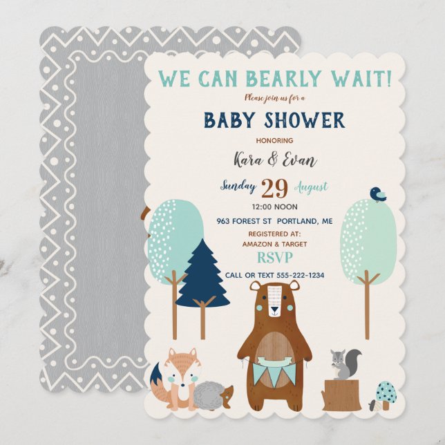 Convite Floresta Florestal Ursa Castanho Azul Russo (Frente/Verso)