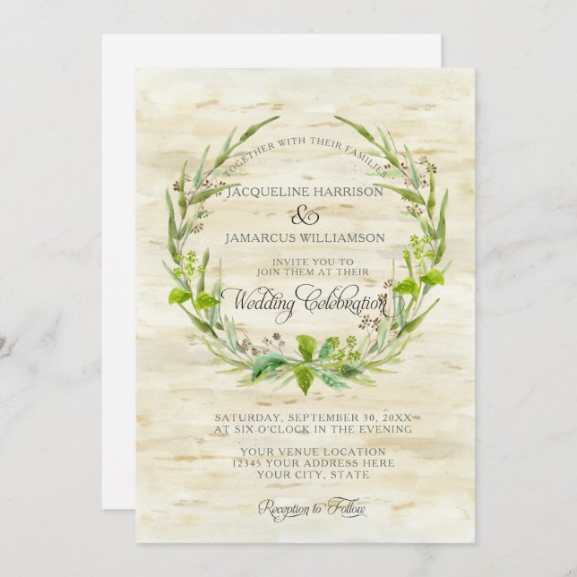 Convite Floresta Madeira Woodland BOHO Birch Latido Wreath (Frente/Verso)