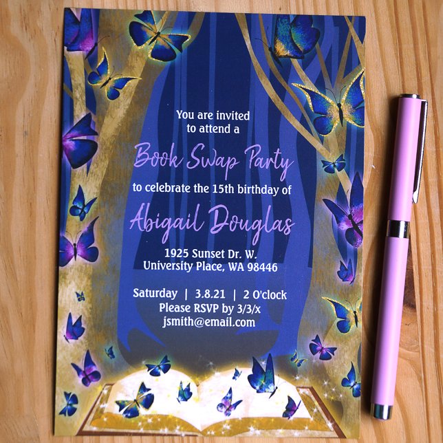 Convite Floresta Mágica com Brilhos Roxo, Azul e Dourado (Blue and purple enchanted forest book swap birthday party, magical book and butterflies)