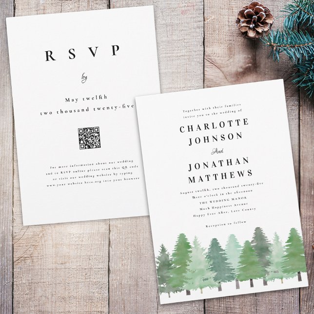 Convite Floresta Moderna de Madeira Código QR Casamento de (Modern watercolor Woodland pine forest qr code wedding invitation)