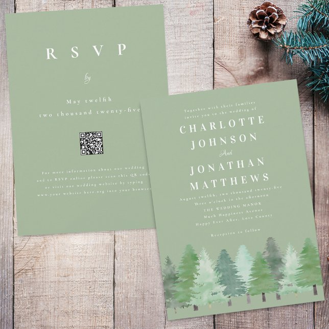 Convite Floresta Moderna de Madeira Código QR Verde Sage C (Modern watercolor Woodland pine forest sage green wedding qr code invitation Simple evergreen trees)