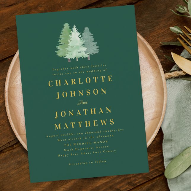 Convite Floresta Moderna de Madeira Dourado Casamento Verd (Modern simple woodland watercolor forest gold and green wedding invitation Elegant typography )