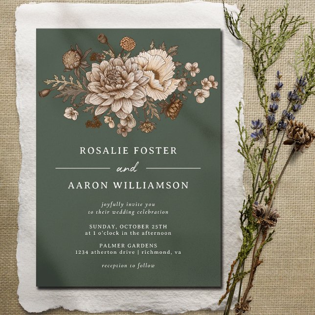Convite Floresta Moss Verde e Flores Neutrais | Boho Weddi (Criador carregado)