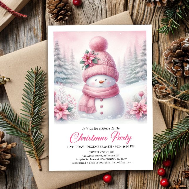 Convite Floresta Nevada Doce Boneco de Neve Rosa Natal Edi (Sweet Snowy Forest Pink Snowman Editable Christmas Invite)