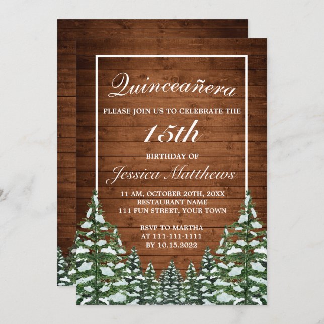 Convite Floresta Neve e Madeira Pine Rural Tiara Quinceañe (Frente/Verso)