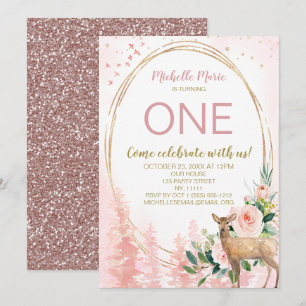 Convite Floresta Rosa Floral Dourado Primeiro Aniversário