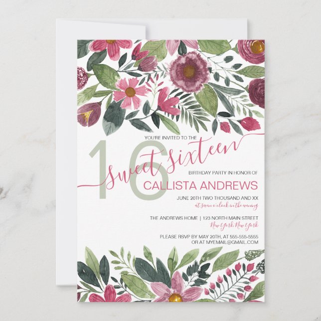 Convite Floresta Rosa-Rosa Molhada Folha Floral Folha Flór (Frente)