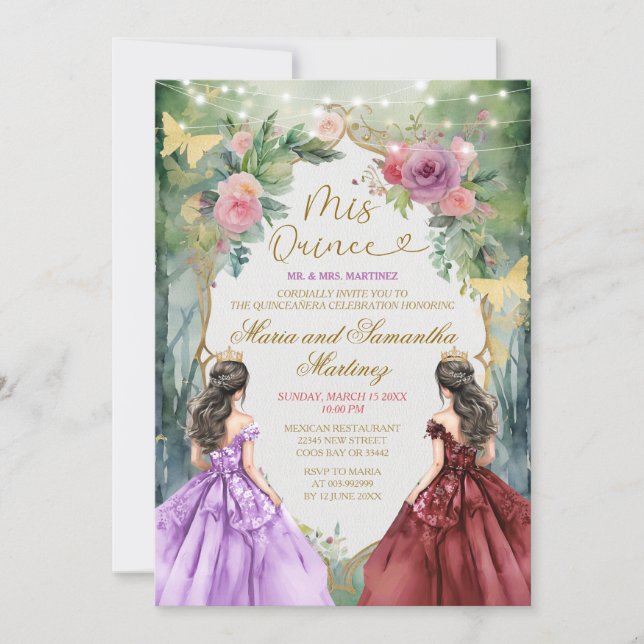 Convite Floresta Roxa e Vermelha Gêmeas Princesas Quinceañ (Frente)