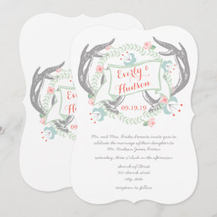 Convite Floresta Rústica Coral Rosa Verde Vintage Floral