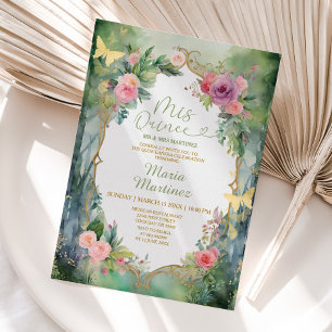 Convite Floresta Sage Verde Rosa Floral 15 Mis Quince Fest