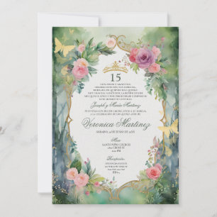 Convite Floresta Sage Verde Rosa Floral Sweet 15 Quinceañe