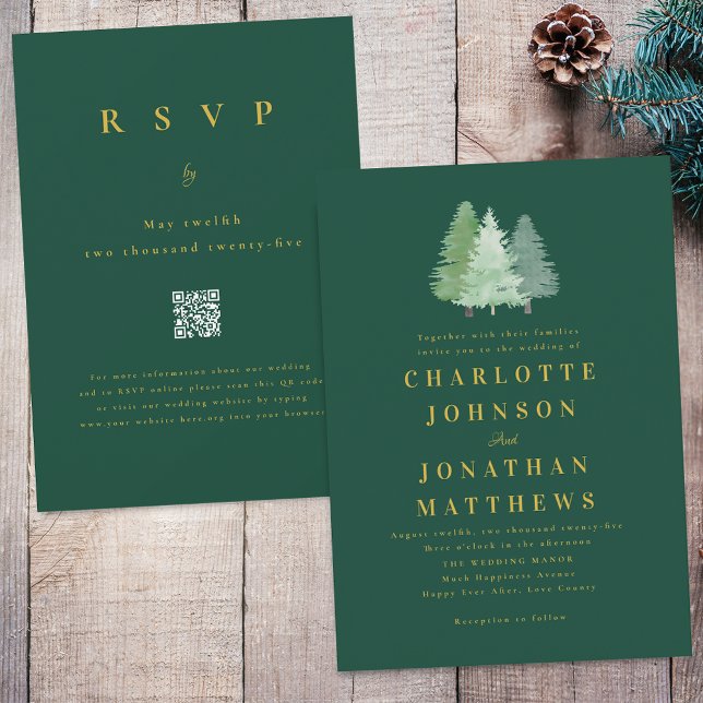Convite Floresta Simples da Floresta Dourado Verde Código  (Simple modern woodland forest gold  Green wedding qr code invitation watercolor evergreen pine trees)