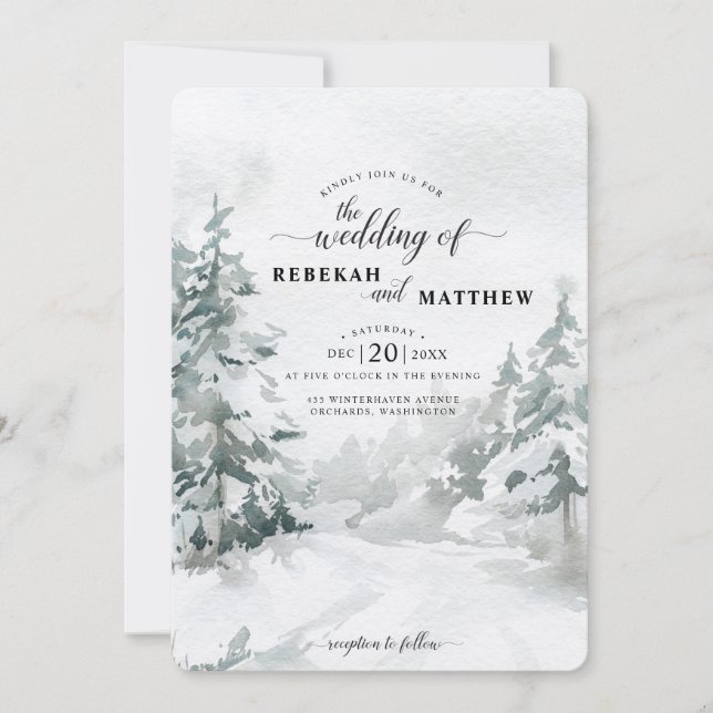 Convite Floresta | Snowy Winter Forest Watercolor Invitati (Frente)