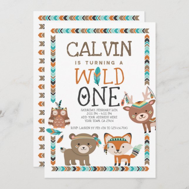 Convite Floresta tribal, a selvagem, primeiro aniversario (Frente/Verso)