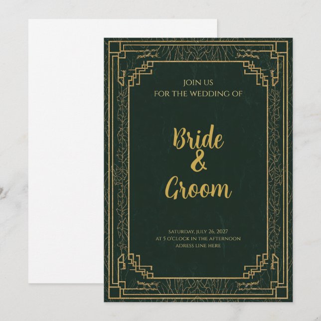 Convite Floresta Verde Dourada Art Déco (Frente/Verso)