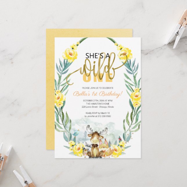 Convite Floresta Verde Ela é selvagem Primeiro Aniversário (Frente/Verso In Situ)