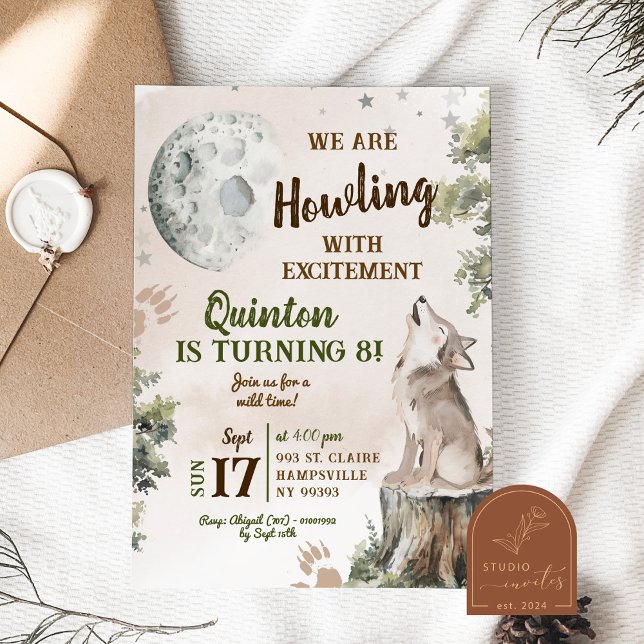 Convite Floresta Verde Lobo Uivando Aniversário  (Criador carregado)
