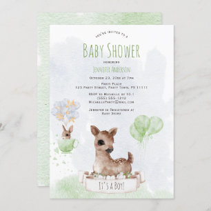 Convite Floresta Woodland Baby Deer Watercolor