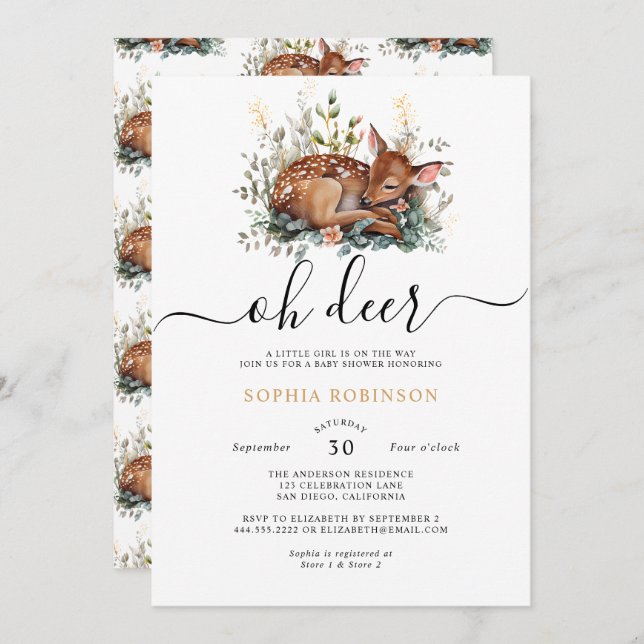 Convite Floresta Woodland Oh Deer Chá de fraldas (Frente/Verso)