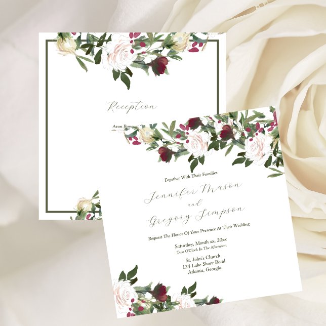 Convite Florestas Brancas de Amoreira Brancas de Casamento (Wedding Watercolor White Roses Cranberry Flowers Invitation)