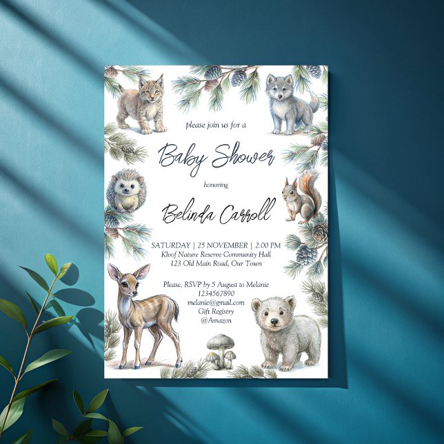Convite Florestas, chá de fraldas de bebês bonitos (Woodlands forest cute baby animals baby shower invitation template neutral gender pastel  forest)