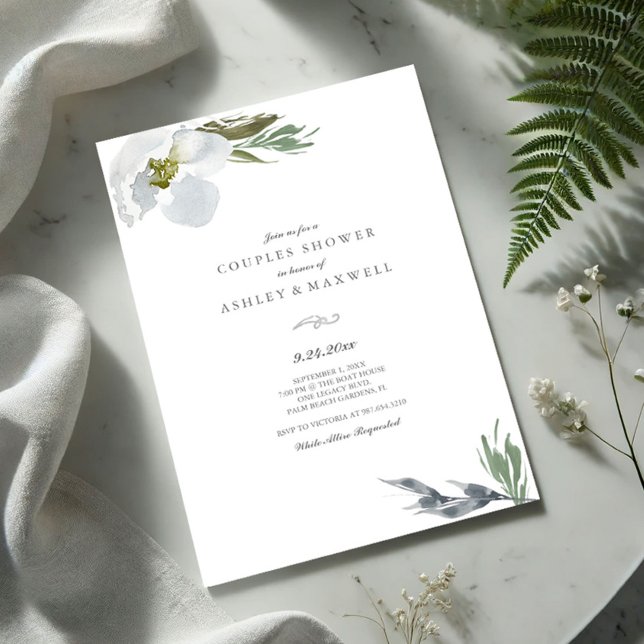 Convite Florestas de Aquarelas do Chá Verde Botânico e Bra (Couples shower invitation watercolor grey flowers and greenery VG Invites)