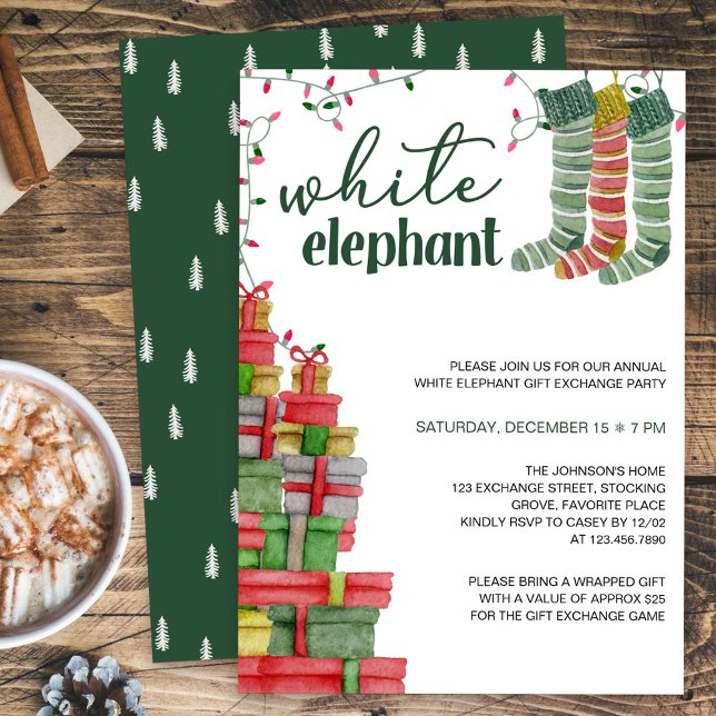 Convite Florestas de Elefante Branco e Feriado de Apresent (White Elephant Holiday Gift Exchange Party Invitation)