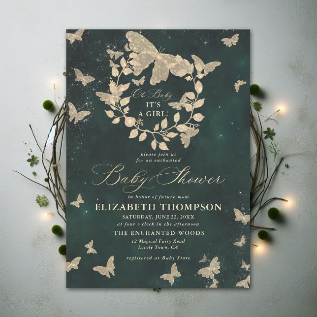 Convite Florestas entonadas Borboletas Chá de fraldas verd (Enchanted Forest Emerald Green Greenery Butterflies Modern Calligraphy Baby Shower Invitation)