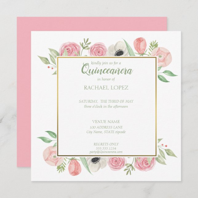 Convite Florestas Rosa-Blush Chic | Frame Quinceanera Dour (Frente/Verso)
