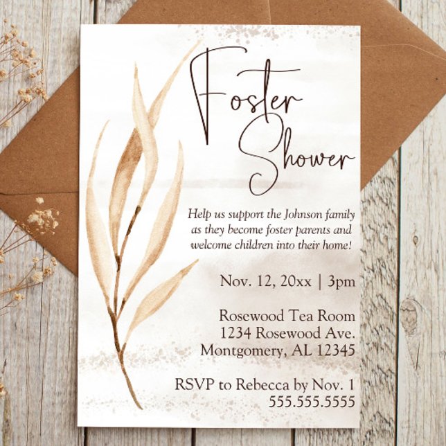 Convite Florestas Secas De Boho Para Cuidados De Derramame (Foster Care baby shower invitation with brown script text and boho dried floral elements)