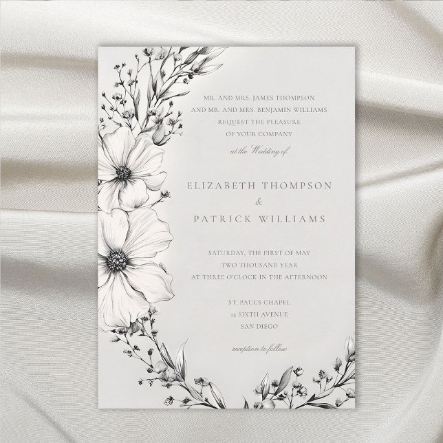 Convite Florestas Selvagens Negra Casamento Formal de Marf (wildflowers wedding invitation black and white wreath formal elegant modern classic romantic)