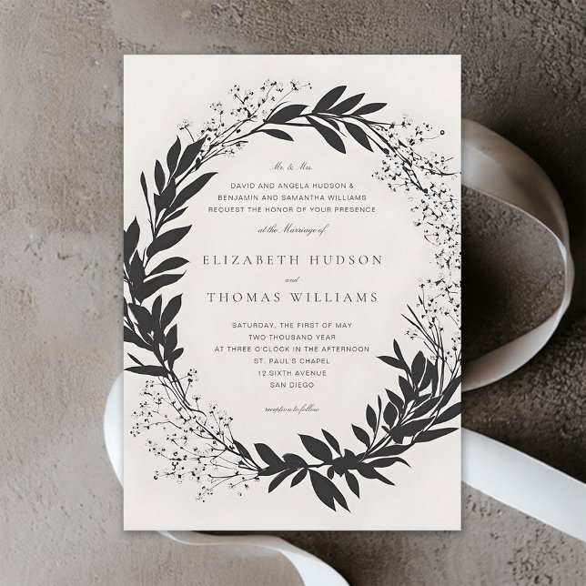Convite Florestas Selvagens Negra Casamento Formal Moderno (wildflowers wedding invitation black and white floral wreath formal elegant modern typography)