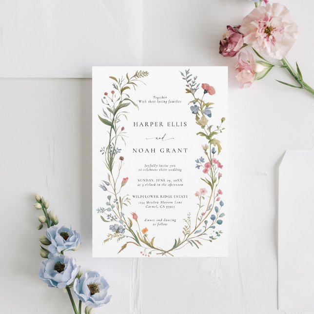 Convite Florestas Selvagens Tema Químico Pastéis Modernos  (wildflowers wedding invitation manor floral frame modern garden outdoors indoors backyard barn blue )
