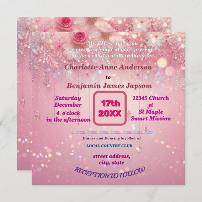 Convite Flórida de Lixo Rosa Púrpura Faux Glitter (Frente/Verso)