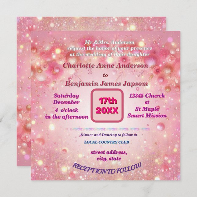 Convite Flórida de Lixo Rosa Púrpura Faux Glitter (Frente/Verso)