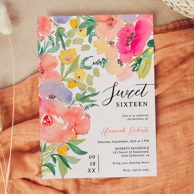 Convite Flórida do jardim de vassoura brilhante 16 (Bright bold boho garden floral Sweet 16 Invitation)