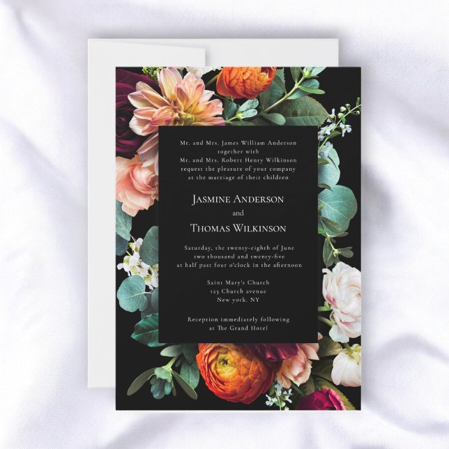 Convite Flórida holandesa romântica escura (traditional text where both parents help , moody romantic dutch florals wedding invitation)