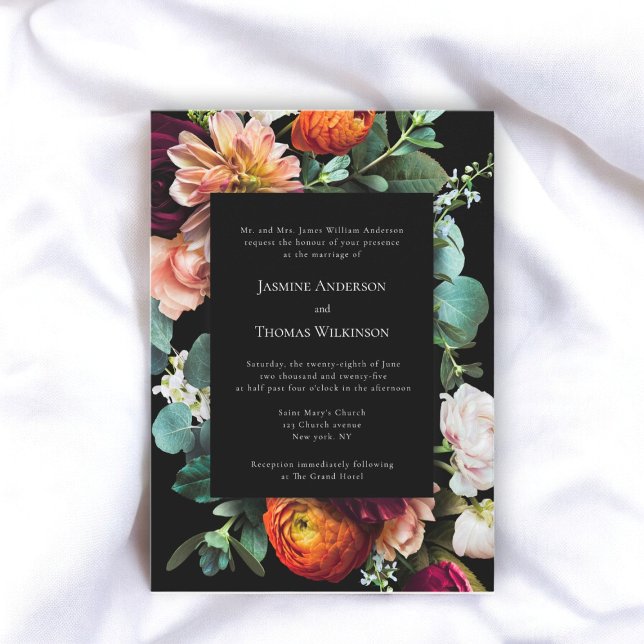 Convite Flórida holandesa romântica escura (moody romantic dutch floral wedding invitation with traditional text )