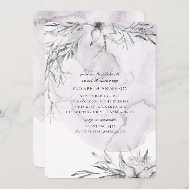 Convite Flórida poeirenta de aquarelas Sweet 16. Flores cl (Frente/Verso)