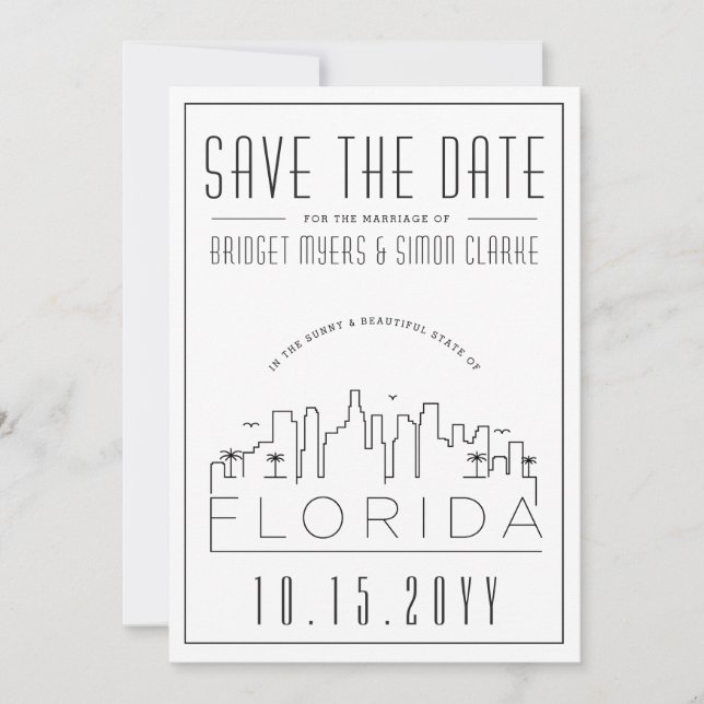 Convite Florida Wedding | Skyline Estilizado Salvar a Data (Frente)