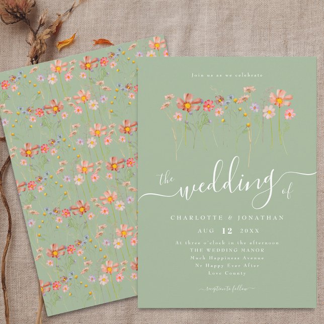 Convite Florim Boho Floral Fall Sage Green (Wildflower floral sage green Wedding invitation Watercolor meadow flowers elegant modern script)