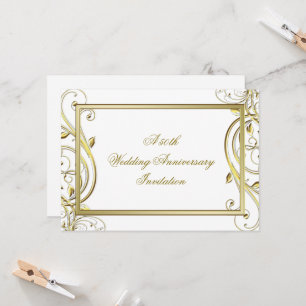 Convite Flourish Dourado Branco Aniversário de 50 Anos de